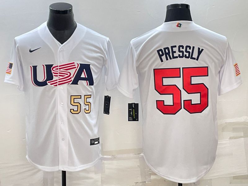 Men 2023 World Cub USA 55 Pressly White Nike MLB Jersey2